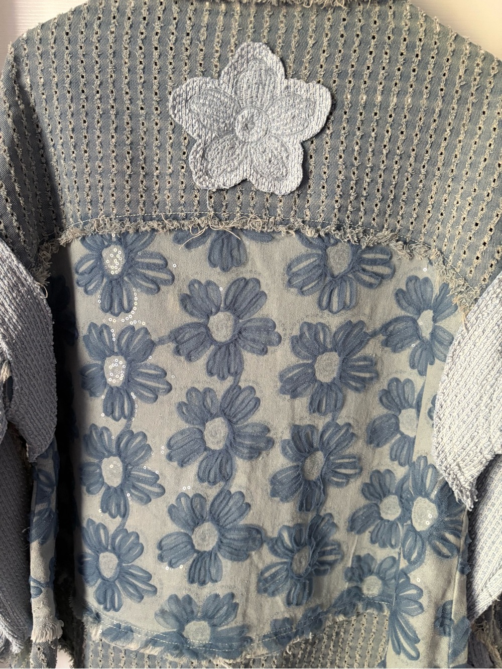 POL Mesh Patchwork Boho Floral Denim Shacket Embroidered Distressed women Sz S - Picture 10 of 12